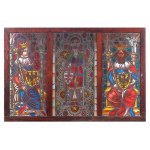 Glass painting of three emperors, Reverse glass painting set in lead 19th century wooden frame