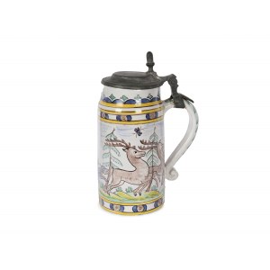 Faience jug with deer motif, Colorfully painted