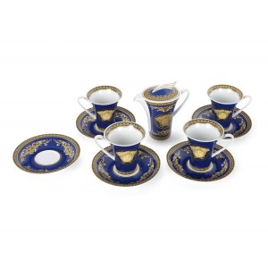 Mixed lot: 4 coffee cups with saucers & milk jug, Medusa (blue/gold)
