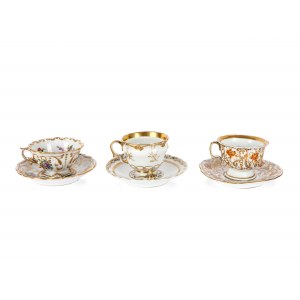 Mixed lot: 3 cups with saucers, Porcelain, colorfully painted & gilded