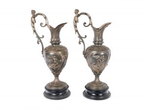 Pair of Renaissance-style ceremonial jugs Circa 1880/90, Silver-plated copper