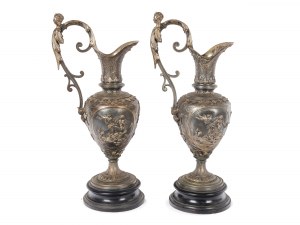 Pair of Renaissance-style ceremonial jugs Circa 1880/90, Silver-plated copper