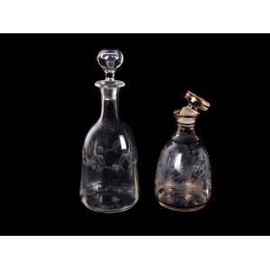 2 glass carafes with stopper, Cut with landscape, leaping deer and rocailles