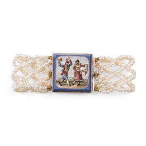 Pearl bracelet with micromosaic in a gold setting, Around 1850