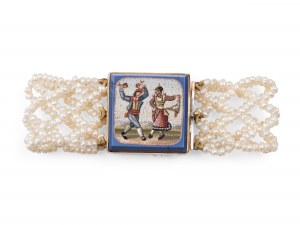 Pearl bracelet with micromosaic in a gold setting, Around 1850