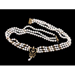 3-row pearl necklace, 18kt yellow gold