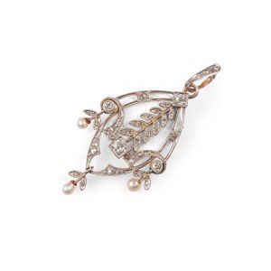 Art Nouveau pendant, Rose gold with diamonds & pearls