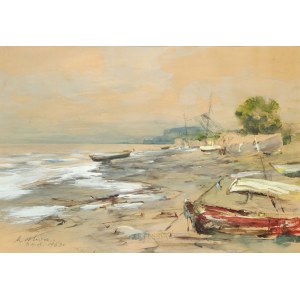 Marian Mokwa (1889-1987), Sea shore with boats, 1963
