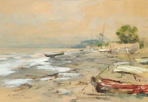 Marian Mokwa (1889-1987), Brzeg morza z łódkami, 1963