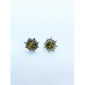 Green natural Baltic amber sun-shaped earrings in silver