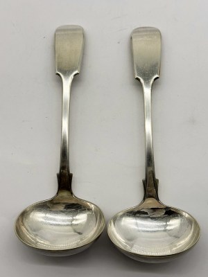 Two identical English silver-plated sauce spoons