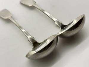 Two identical English silver-plated sauce spoons
