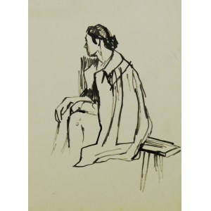 Kobieta W Płaszczu Siedząca Na Ławie - Szkic, tusz, stalówka, karton (papier fotograficzny); 17,5 x 12,7 cm;