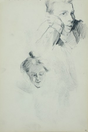 Włodzimierz Tetmajer (1861 - 1923), Popiersie młodej kobiety oraz fragment głowy dziewczyny z napisem „Ofiary” wpisanym w pięciolinię - szkic, ok. 1900