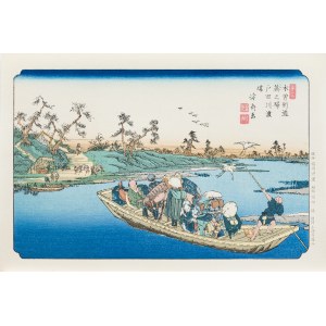 Keisai Eisen (1790 - 1848), Warabi, traghetto sul fiume Toda, dalla serie: le Sessantanove stazioni del Kiso Kaido, pubblicata da Nihon Hanga Kenkyujo, Giappone, periodo Showa, dopo il 1960.