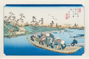 Keisai Eisen (1790 - 1848), Warabi, prom na rzece Toda, z serii: Sześćdziesiąt dziewięć stacji Kiso Kaido, wyd. Nihon Hanga Kenkyujo, Japonia, okres Showa, po 1960 r.