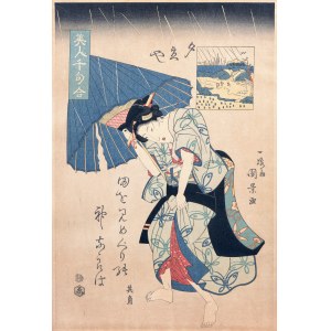 Utagawa Kunikage (attivo verso il 1830-1840), Pioggia e ombrello strappato, dalla serie: Mille poesie sulle belle donne, Giappone, anni Venti-Trenta del Novecento