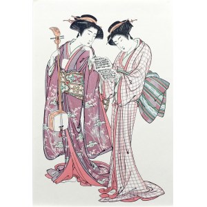 Kitao Shigemasa (1739-1820), Due geisha con in mano uno shamisen e un libro di canzoni, edizione Adachi, Giappone, periodo Showa (dopo il 1960).