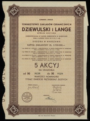 Poland, 5 shares at 250 zlotys = 1,250 zlotys, 1937, Warsaw