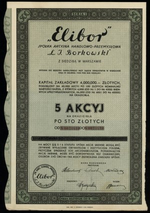 Poland, 5 shares of 100 zlotys each = 500 zlotys, 1934, Warsaw