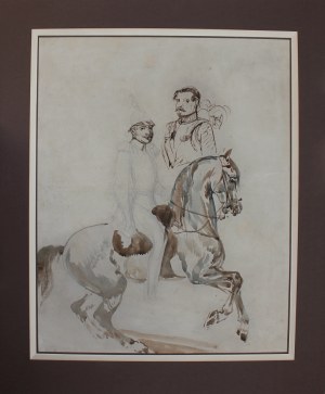 Piotr Michałowski, Soldier on horseback and sketch of military bust; reverse - sketches of heads of male riders and horses