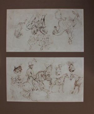 Piotr Michałowski, Soldier on horseback and sketch of military bust; reverse - sketches of heads of male riders and horses