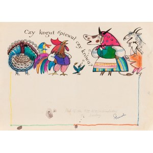 Jerzy Flisak (1930 Warszawa - 2008), Czy kogut śpiewał czy krowa?, projekt ilustracji dziecięcej