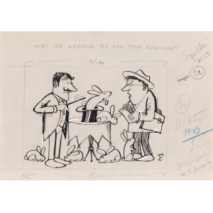 Jerzy Flisak (1930 Warszawa - 2008), Więc ile wreszcie ma Pan tych królików?, projekt ilustracji do czasopisma Szpilki