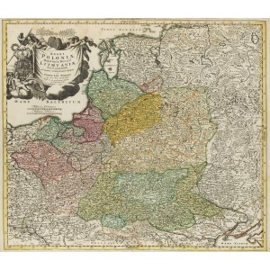 Johann Baptist Homann (1663 - 1724 ), Mapa Rzeczypospolitej Obojga Narodów i Prus (Regni Poloniae Magnique Ducati Lithuaniae. Nova et exacta tabula), 1739