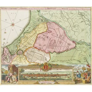 Johann Baptist Homann (1663 - 1724), Panorama di Danzica e mappa dei dintorni, (Prospect, grundris und gegend der polnischen vesten Reichs...) , 1720 ca.