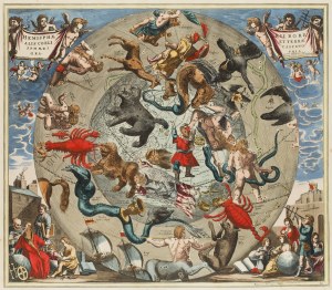 Hendrik II Hondius (1597 - 1651), Northern hemispheres of heaven and earth, with depiction of Zodiac figures