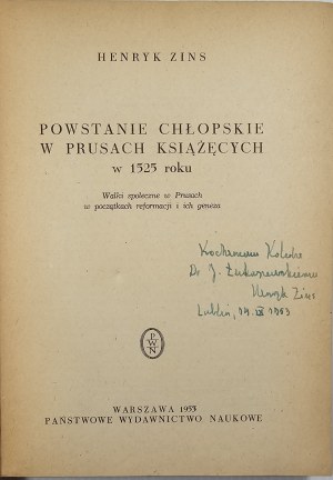 Zins Henry - Peasant Uprising in Ducal Prussia in 1525. Social struggles in Prussia at the beginning of the Reformation and their genesis. Warsaw 1953 PWN