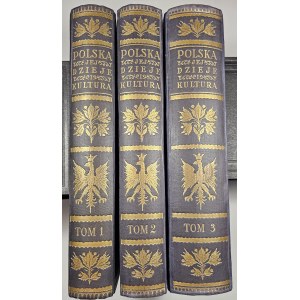 Polska, jej dzieje i kultura od czasów najdawniejszych do chwili obecnej. T.1-3. W-wa 1927-28. Trzaska, Evert i Michalski. Czcionk. Druk. Narodowej w Krakowie. Rzadziej spotykana granatowa wersja oprawy wydawniczej. Efektowny egzemplarz.