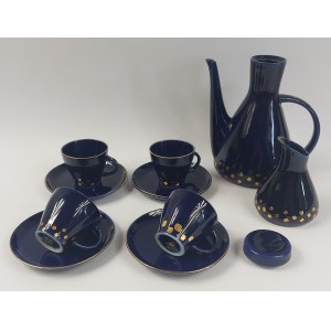 Zestaw elementów z serwisu Kajtek, Porcelit Pruszków, odcień granatowy ze złoceniami