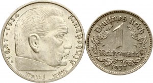 Germany Third Reich 1 Reichsmark 1937 F & 5 Reichsmark 1938 A Lot of 2 coins