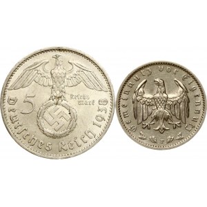Germany Third Reich 1 Reichsmark 1937 F & 5 Reichsmark 1938 A Lot of 2 coins