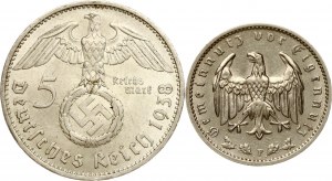 Germany Third Reich 1 Reichsmark 1937 F & 5 Reichsmark 1938 A Lot of 2 coins