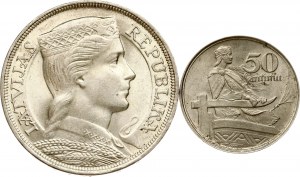 Latvia 50 Santimu 1922 & 5 Lati 1932 Lot of 2 coins
