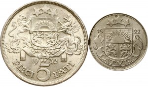 Latvia 50 Santimu 1922 & 5 Lati 1932 Lot of 2 coins