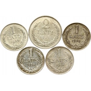 Latvia 1 Lats 1924 & 2 Lati 1925 Lot of 5 coins