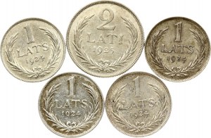 Latvia 1 Lats 1924 & 2 Lati 1925 Lot of 5 coins
