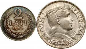 Latvia 2 Lati 1926 & 5 Lati 1932 Lot of 2 coins