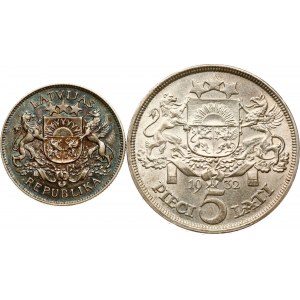Latvia 2 Lati 1926 & 5 Lati 1932 Lot of 2 coins
