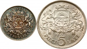 Latvia 2 Lati 1926 & 5 Lati 1932 Lot of 2 coins