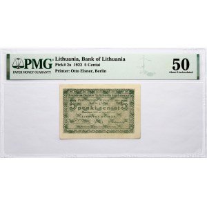 Lithuania 5 Centai 1922 PMG 50 About Uncirculated