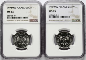 Polsko 1 zlotý 1974 MW & 1 zlotý 1986 MW NGC MS 63-64 Sada 2 mincí