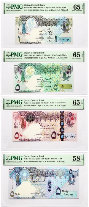 Qatar 1 - 500 Riyals 2007-2015 S/N 000049 PMG 58-65 Gem Uncirculated Lot de 4 pièces
