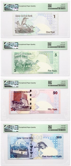 Qatar 1 - 500 Riyals 2007-2015 S/N 000049 PMG 58-65 Gem Uncirculated Lot de 4 pièces