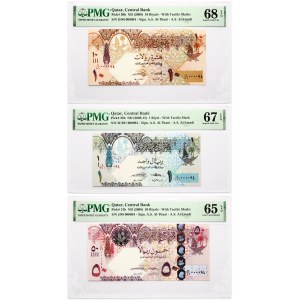 Qatar 1 - 50 Riyals 2008-2015 S/N 000094 PMG 65-68 Sup Gem Unc Lot of 3 pcs