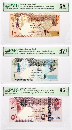 Qatar 1 - 50 Riyals 2008-2015 S/N 000094 PMG 65-68 Sup Gem Unc Lot of 3 pcs
